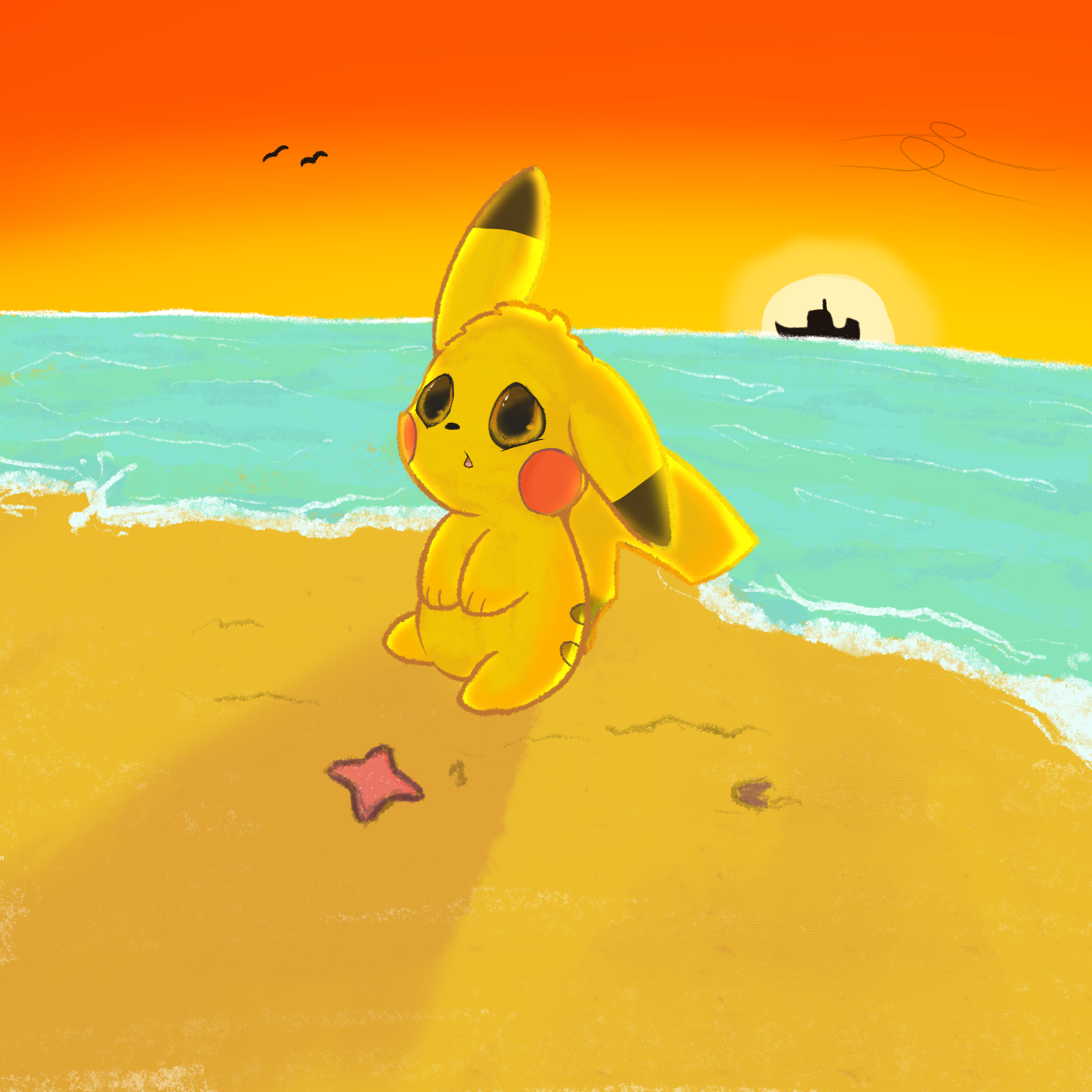 a drawing of a stranded pikachu sitting on the beach looking confused