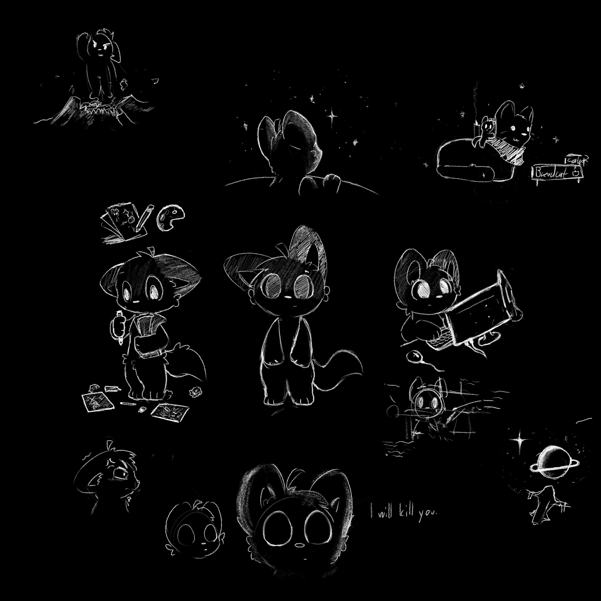 some sketches of a cute little being on a dark canvas