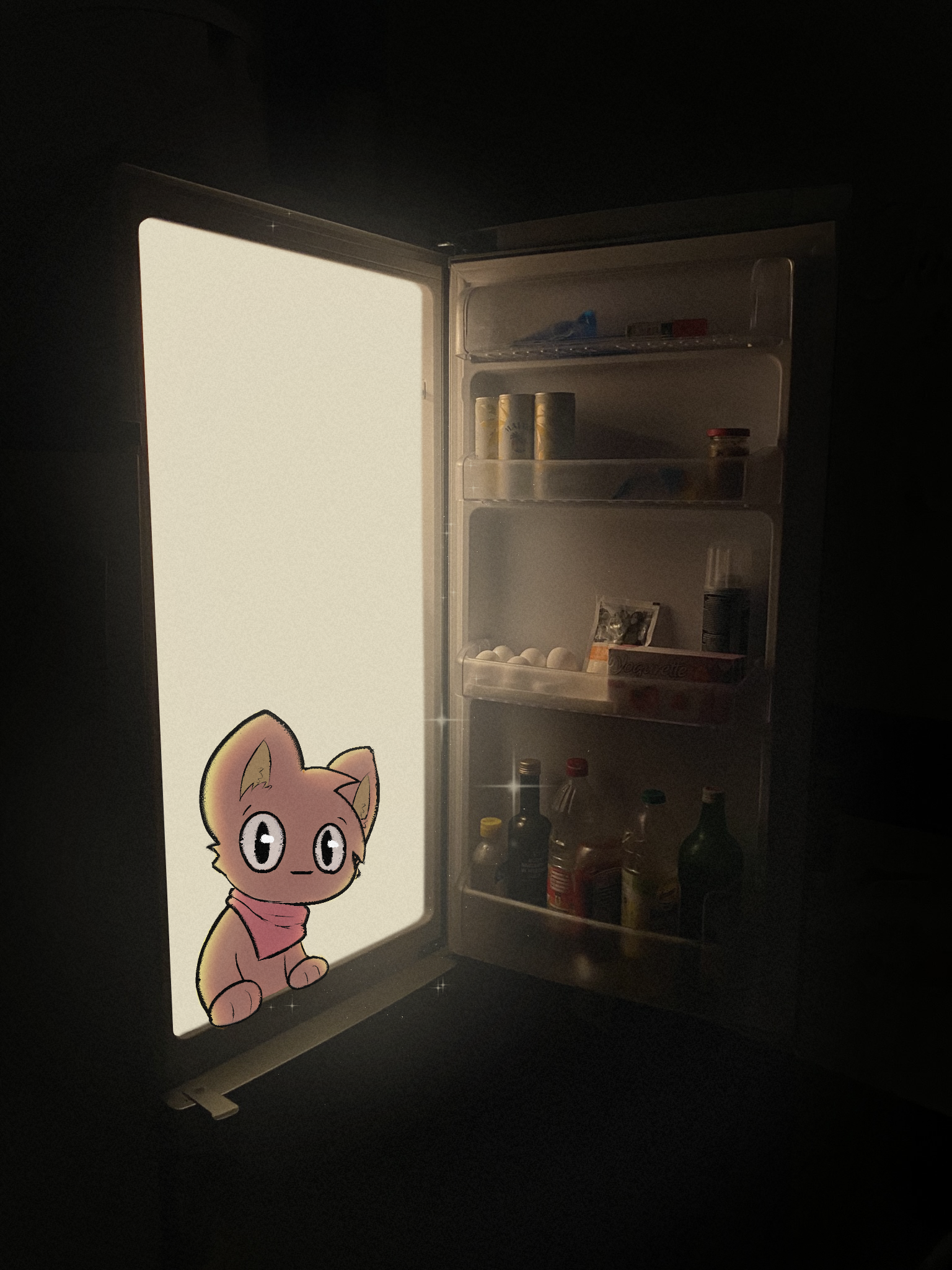 a picture of a animal looking at the camera while in a magic fridge...?